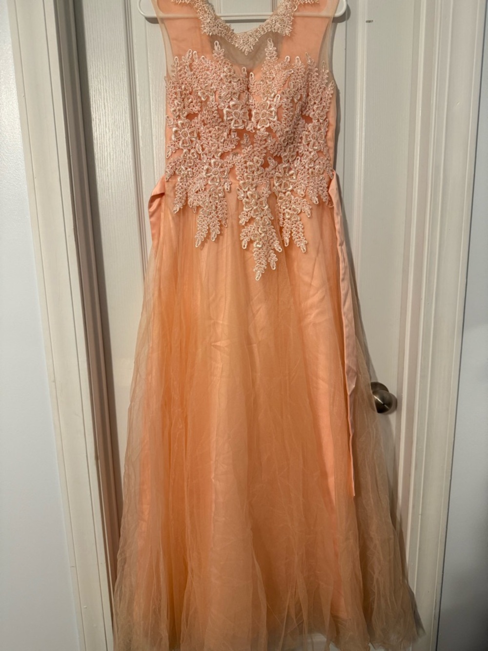 Womens Peach Lace Appliqué Tulle Dress
